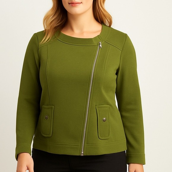 ModCloth‎ Moto Jacket Olive Green Full Zip Long Sleeve Cotton Blend Size 1X - Picture 1 of 10